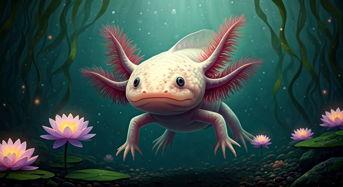 Mystical Axolotl in Vibrant, Ethereal Underwater Realm