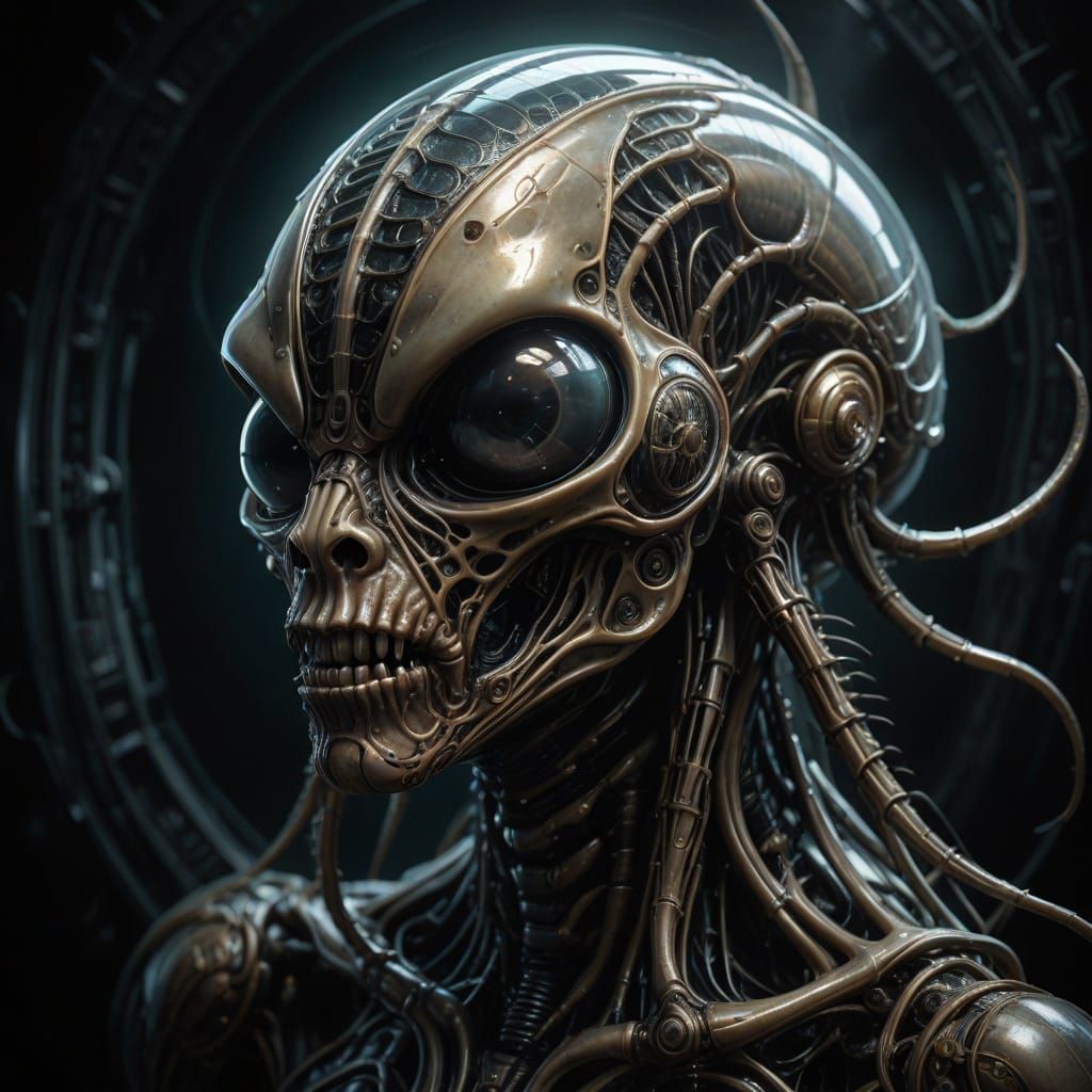 Flea in Dark Futuristic Biomechanical Landscape