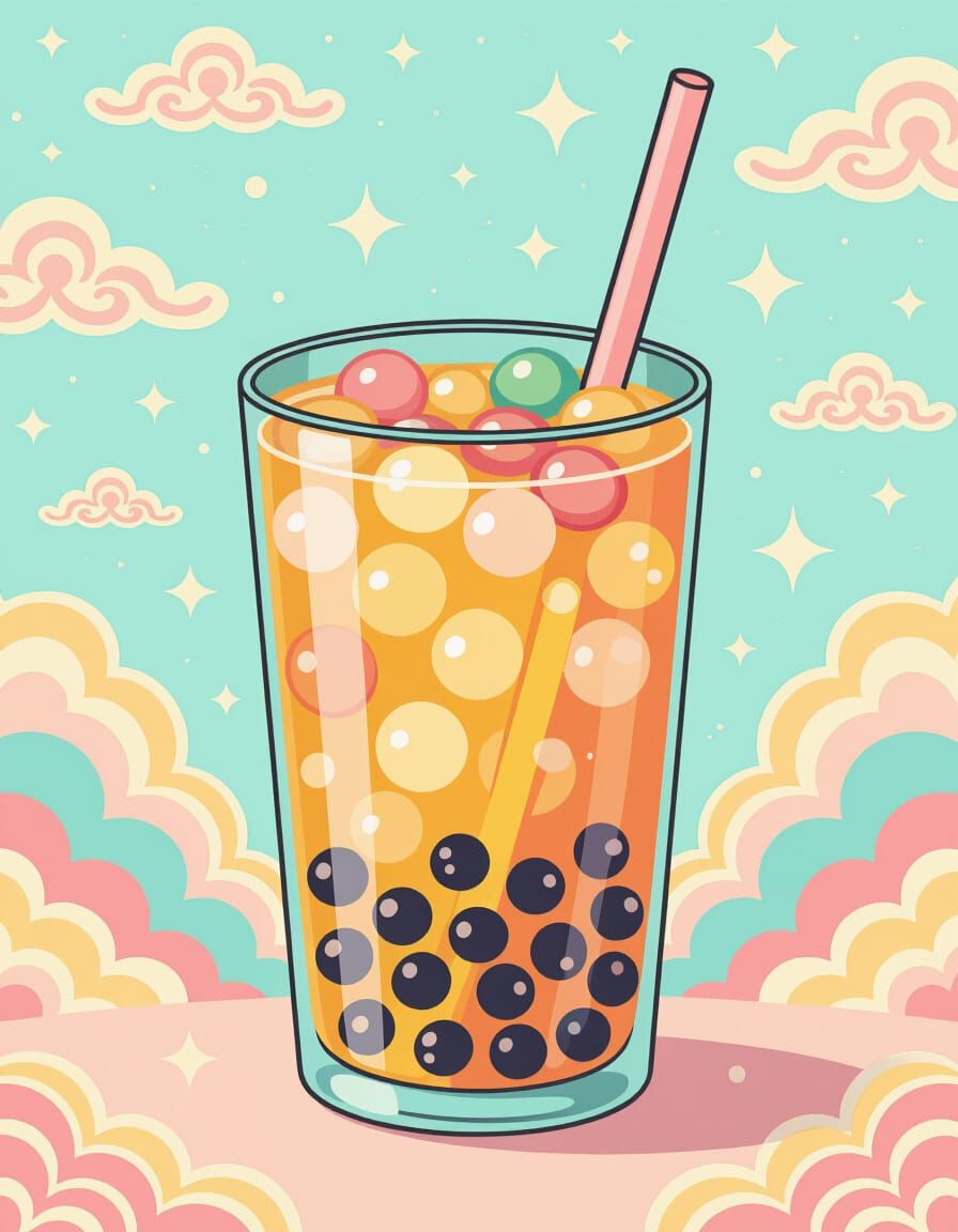 Colorful Bubble Tea in Takashi Murakami Style