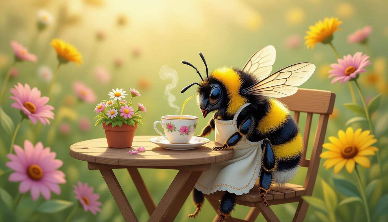 Tired Bumblebee's Breakfast in Whimsical Garden