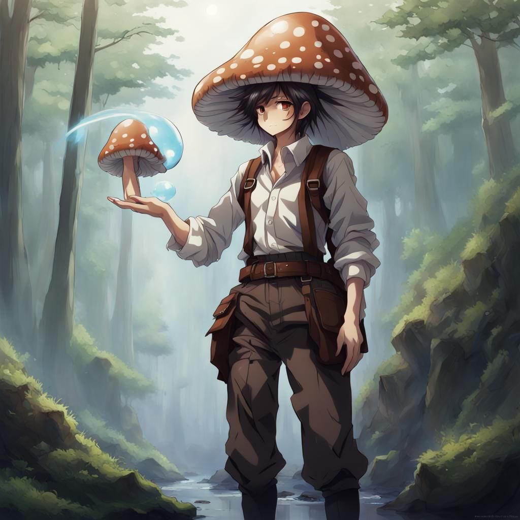 Mushroom Humanoid Traveller in Anime Style