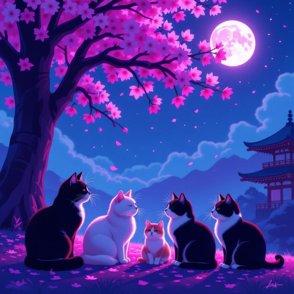 Cats Under Moonlight Cherry Blossoms in Synthwave Neon Style
