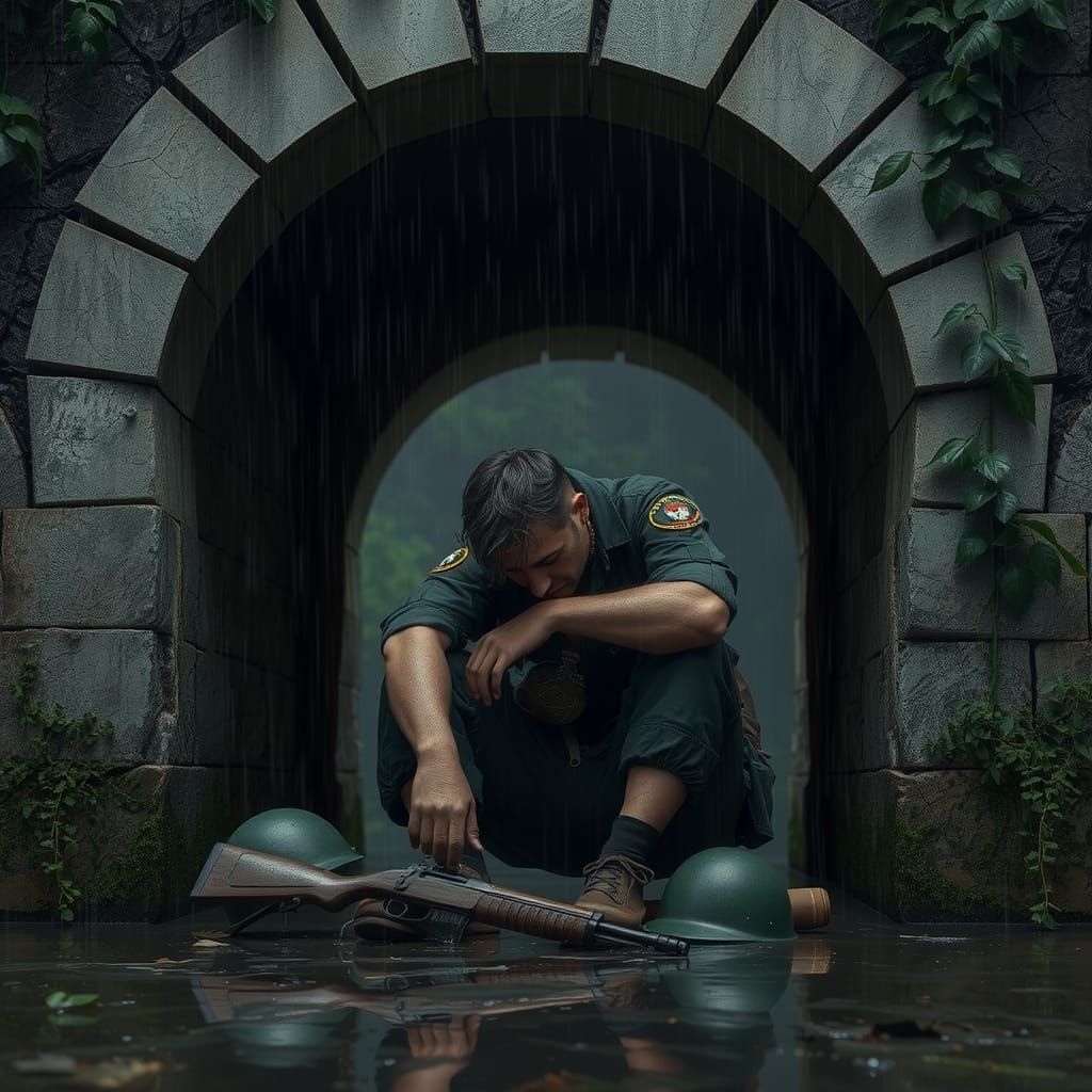 Despairing Soldier Seeks Shelter in Rain: 3D Render