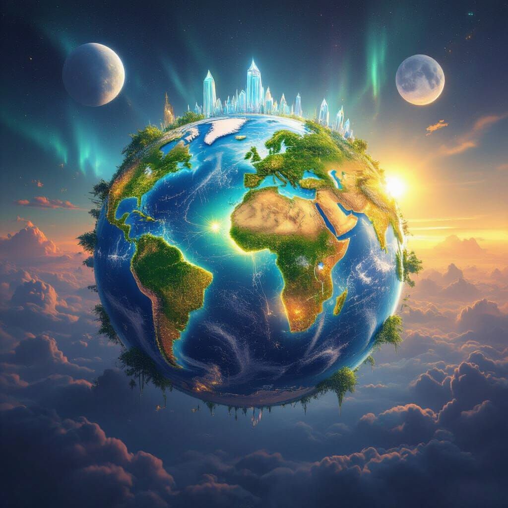 Futuristic Planet View From Space With Crystal Cities