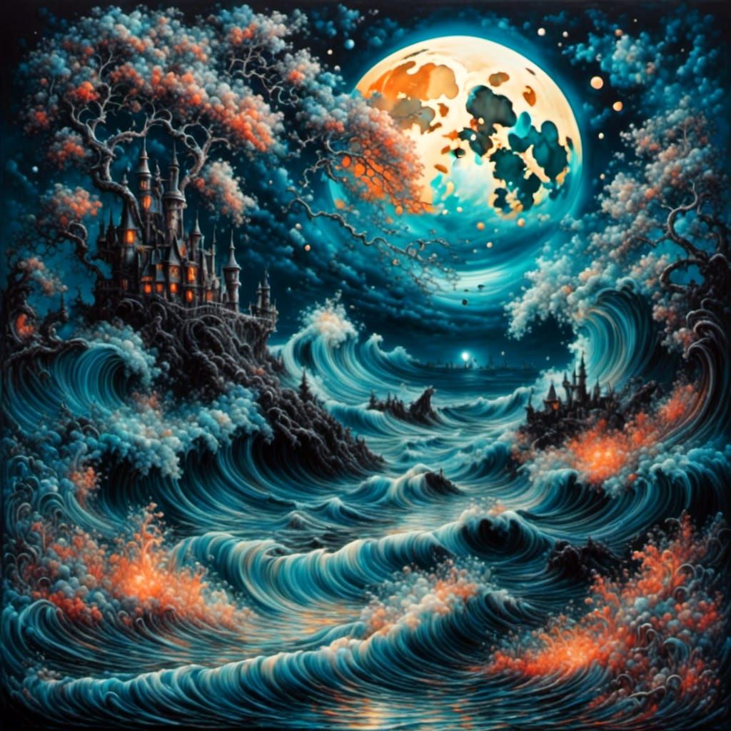 Iridescent foil color painting with neon black light paint, ocean, moon,