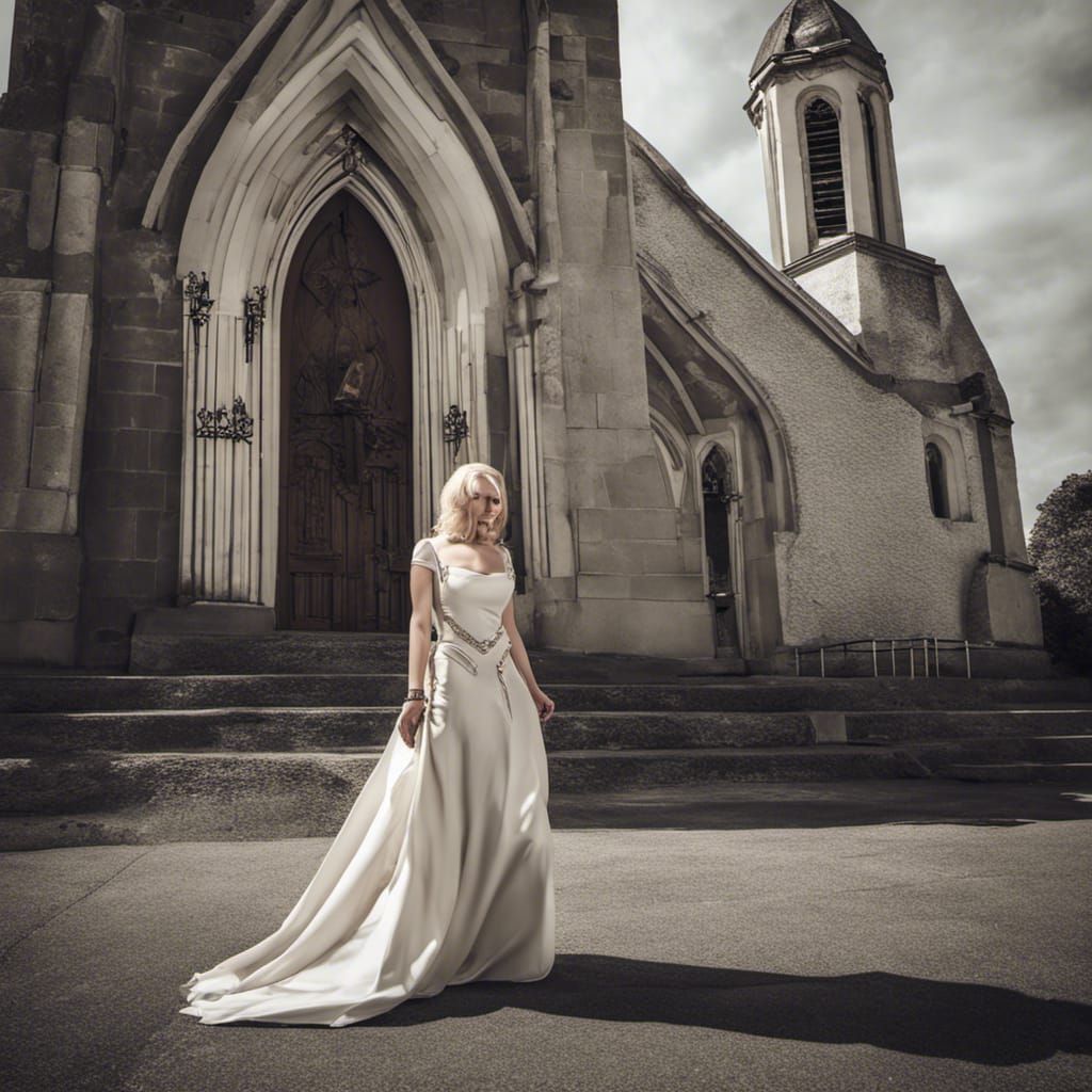 a beautiful slender curvy blonde woman walking out of church on sunday in a short fancy dress intricate details, HDR, be...