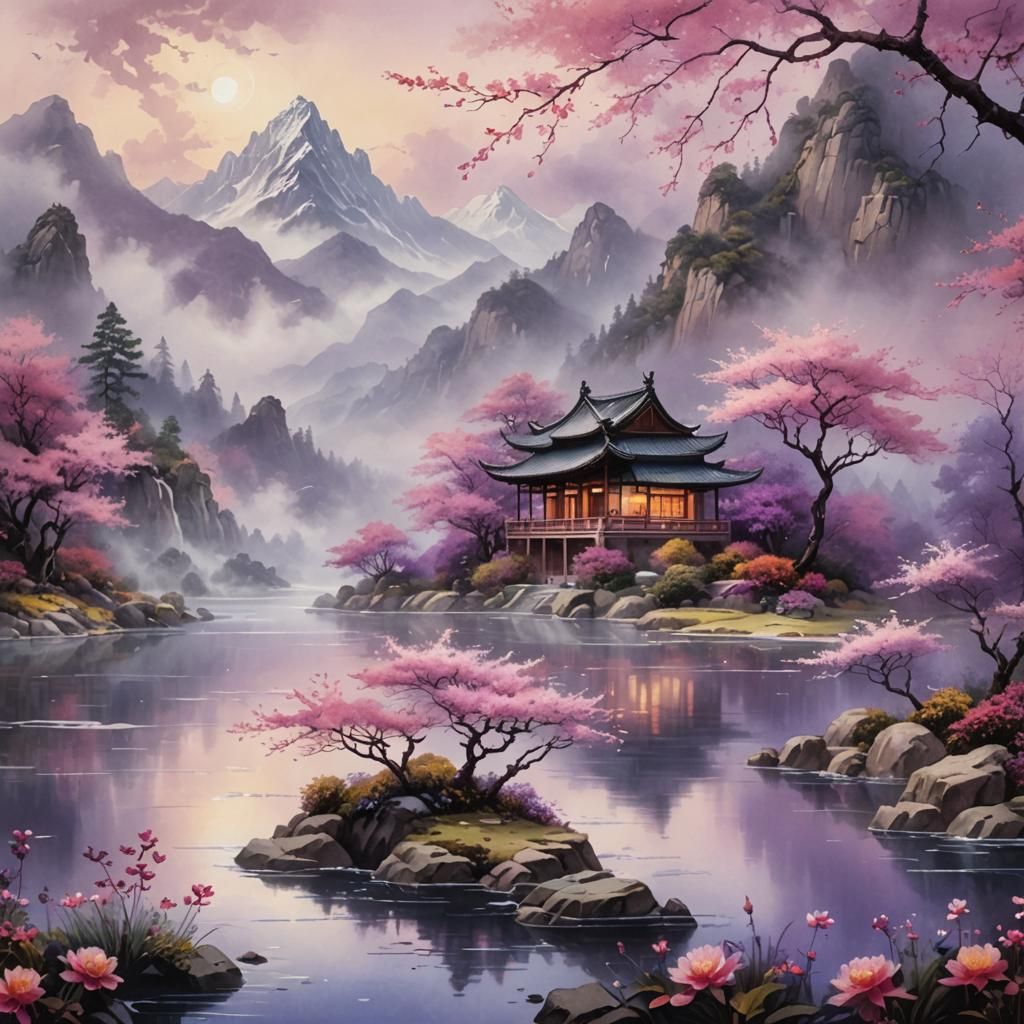 Chinese Flowers and Mountain Lake Watercolor Painting