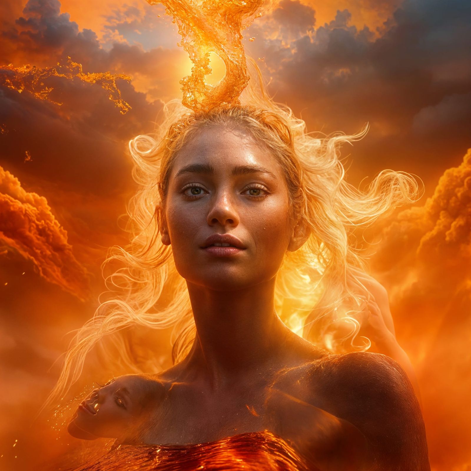 Goddess Swimming in Lava with Dramatic Lighting