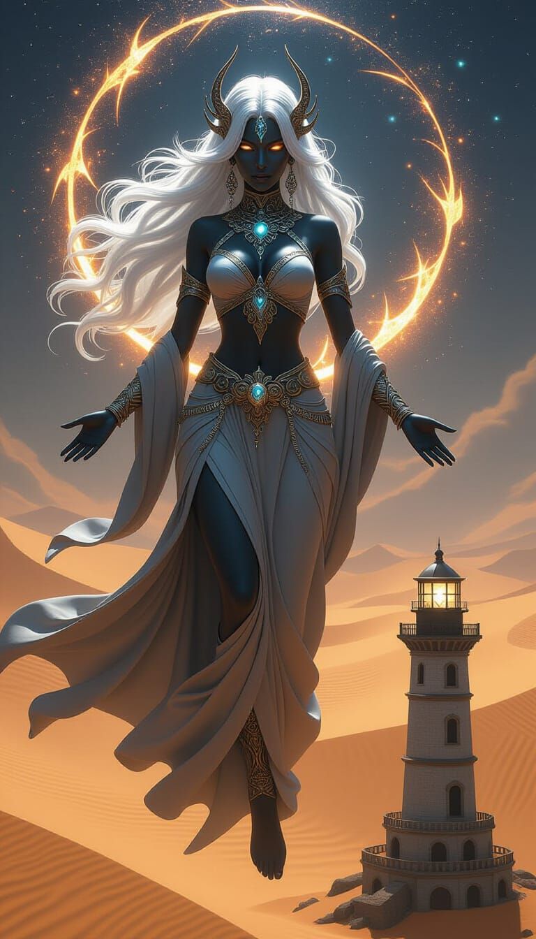 Obsidian Jinn Sorceress Above Stardust Lighthouse