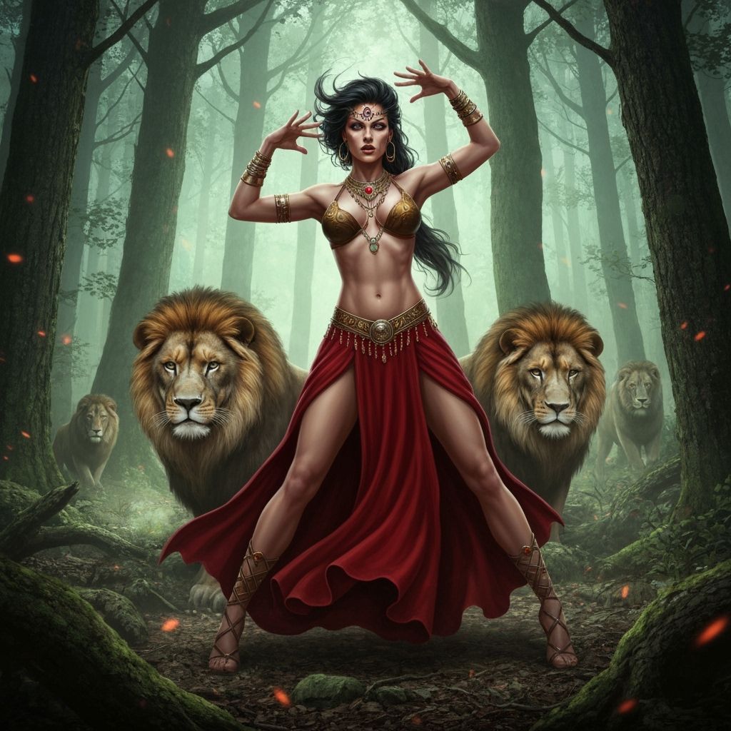 Lion Bodypaint Woman in Fantasy Forest, Detailed Art