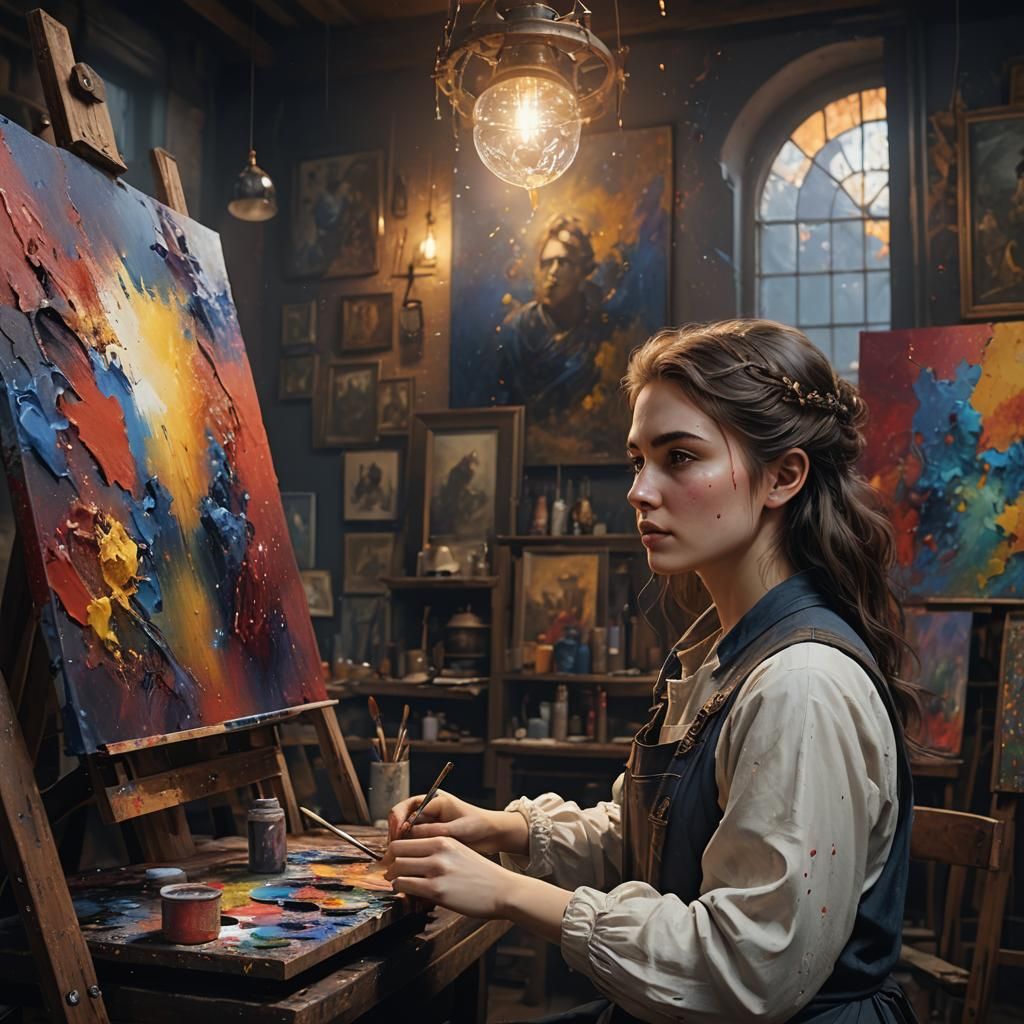 Young Woman's Portrait in Dark Studio, Matte Painting