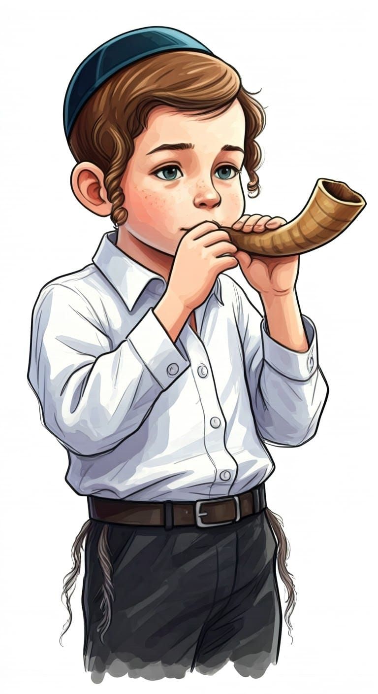 Orthodox Jewish Child Blowing Shofar, Watercolor Style