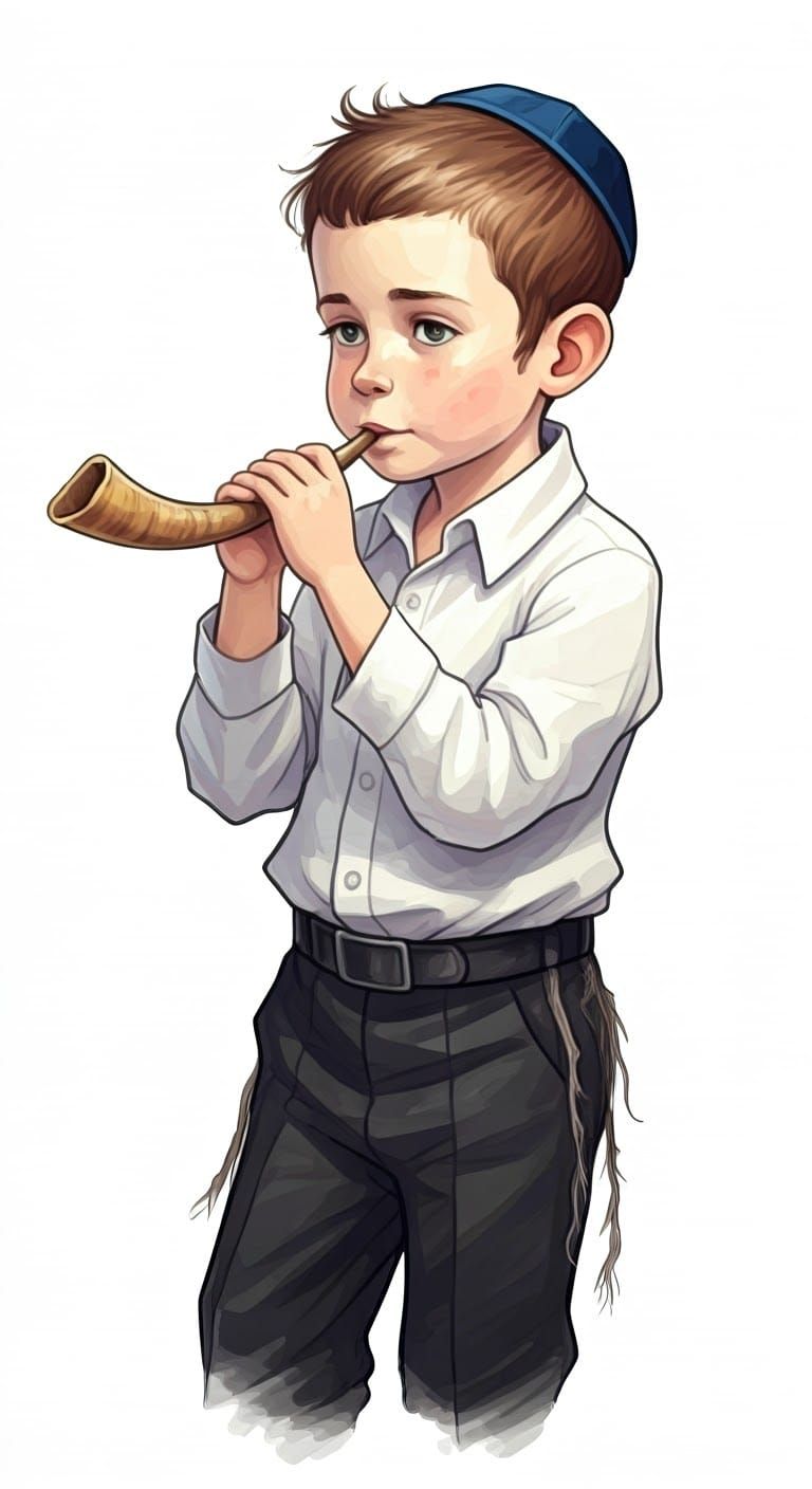 Whimsical Jewish Child Blowing Shofar, Watercolor Sketch