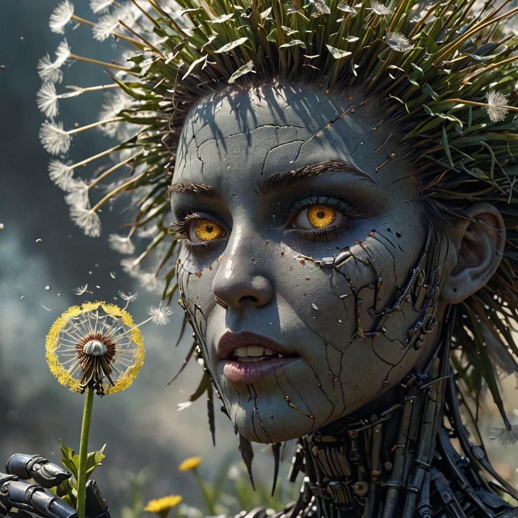 Giant Robot Gently Interacts with Dandelion Flower