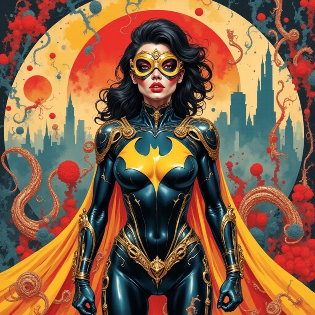 Vibrant Female Superhero in Triadic Colors and Geometric Bac...