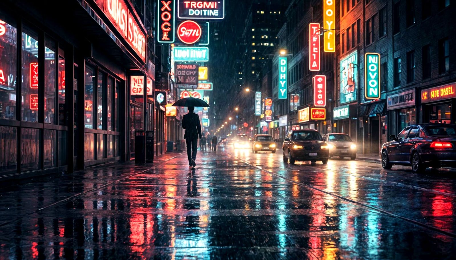 Rainy Downtown Night Scene with Neon Glow and Reflections