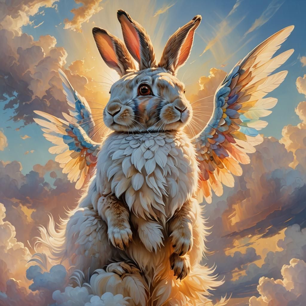 Winged Rabbit on Cloud in Oil Painting Style