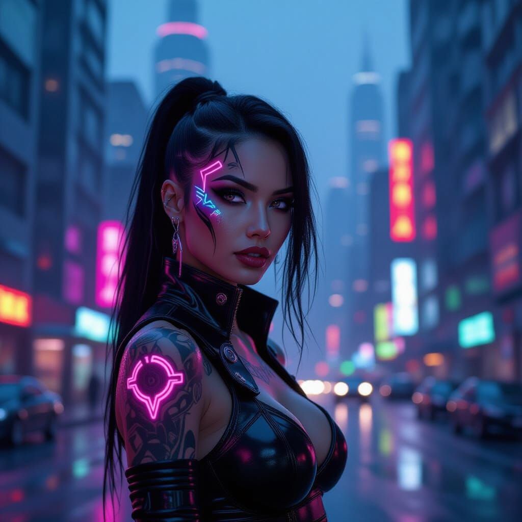 Cyberpunk Woman in Neon Cityscape at Twilight