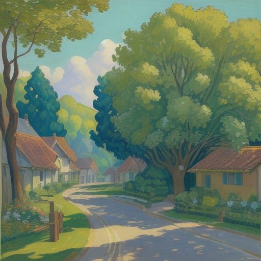 Whimsical Village Scene in a Lush Meadow