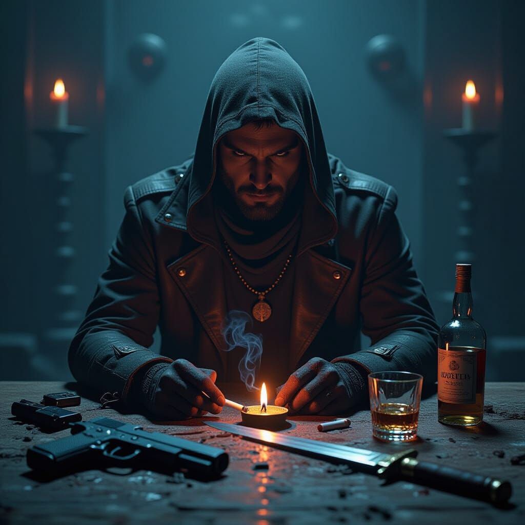 Mysterious Altar with Sword and Cigarette