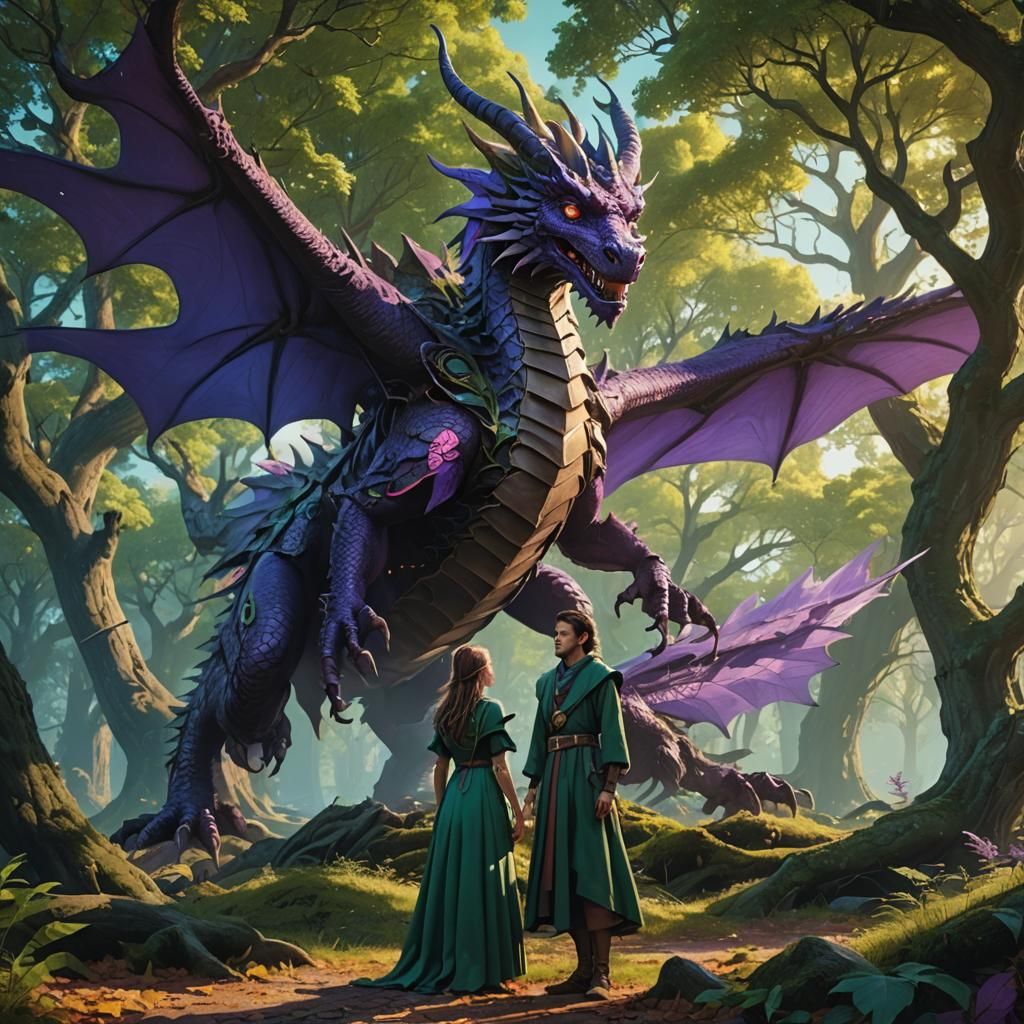 Dragon and Sorceress in Magical Forest