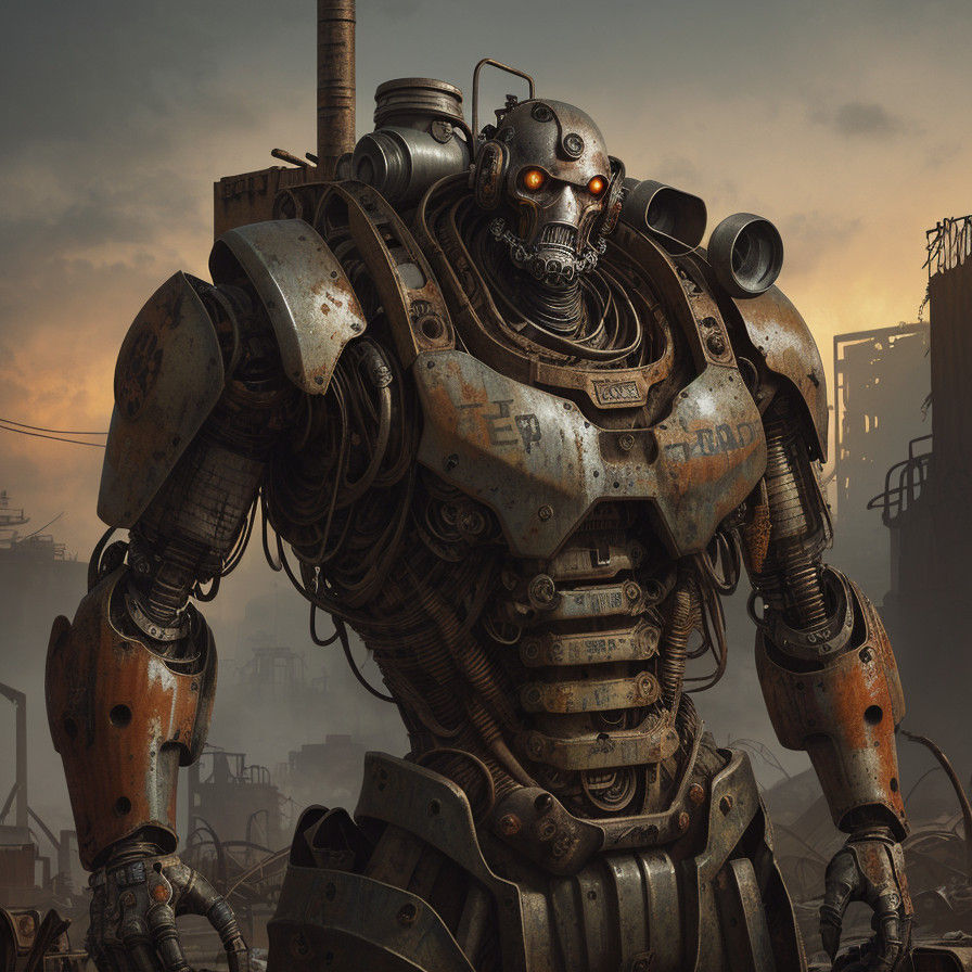 Rust-Scarred Junkyard Robot in Gritty Industrial Decay