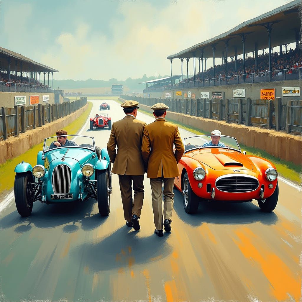 Vintage Car Race in Hockney-Inspired Abstract Style