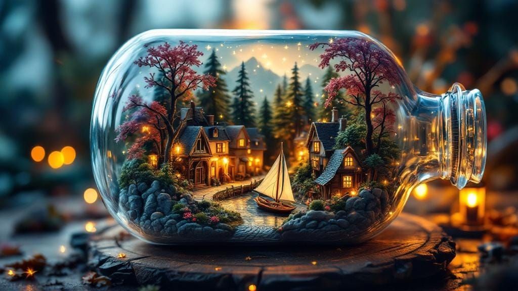 Miniature Starlit Village in Glass Bottle: Collage Art