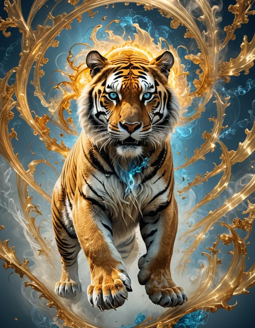 Golden Tiger in Double Exposure with Fractal Smoke and Petal...