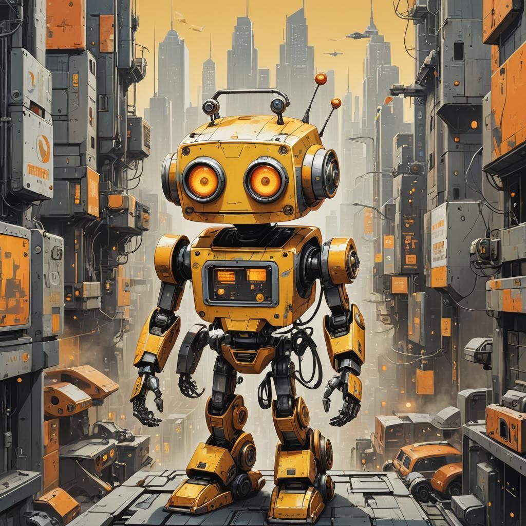 Retro Robot Poster in Futuristic Cityscape