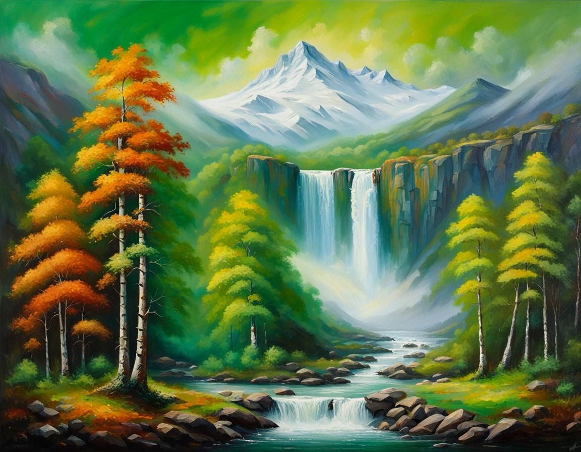 Epic Landscape: Mystical Waterfalls in Oil Painting