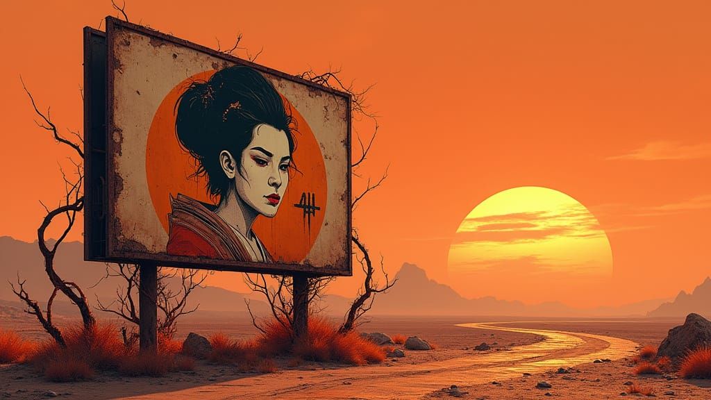 Gritty Desert Billboard in Dystopian Spaghetti Western Style