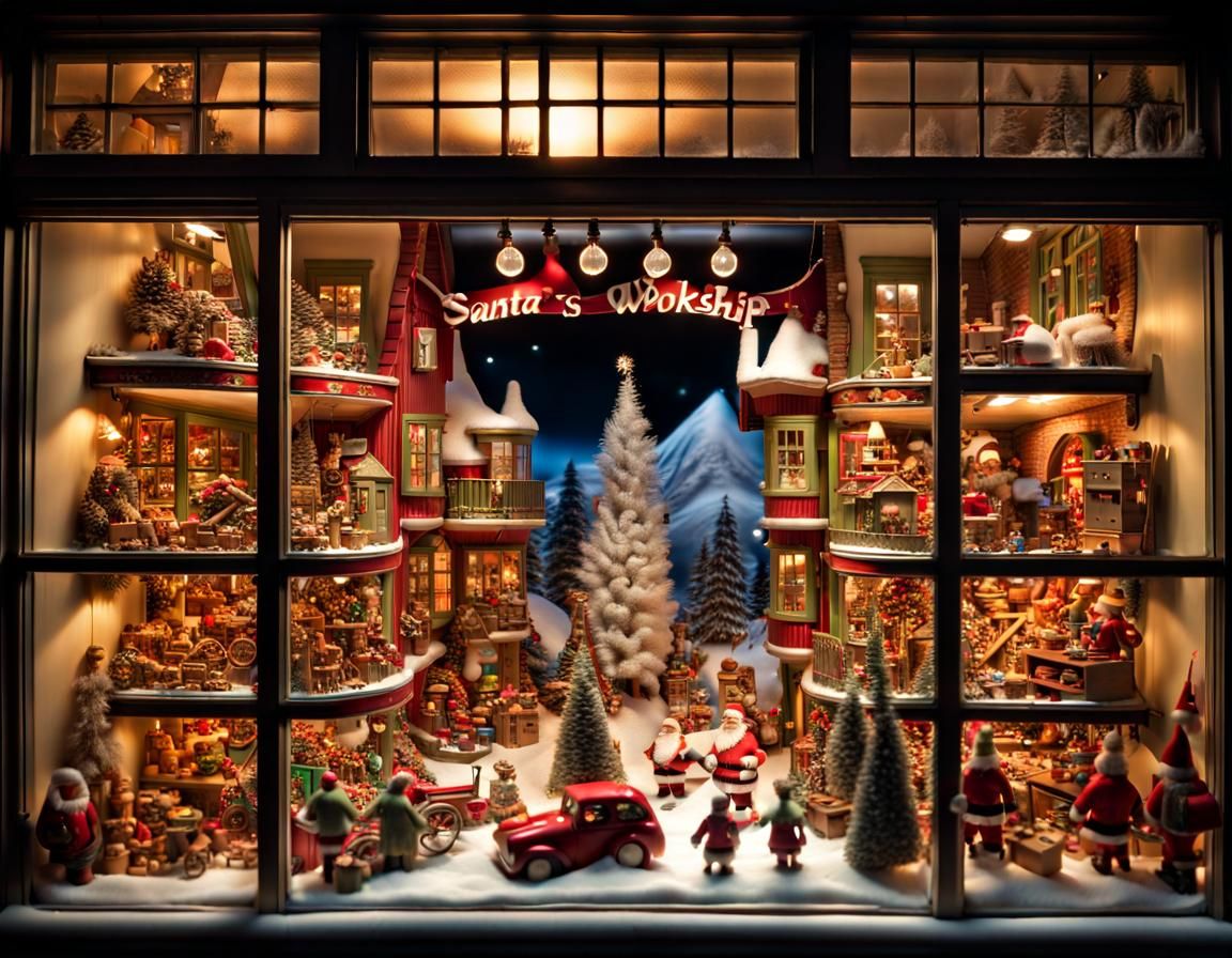 Hyperrealistic Toy Store Window Display: Santa's Workshop
