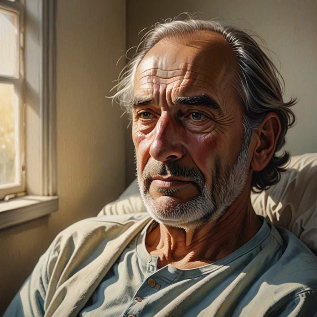 Worried Father at Sick Child's Bedside: Oil Painting