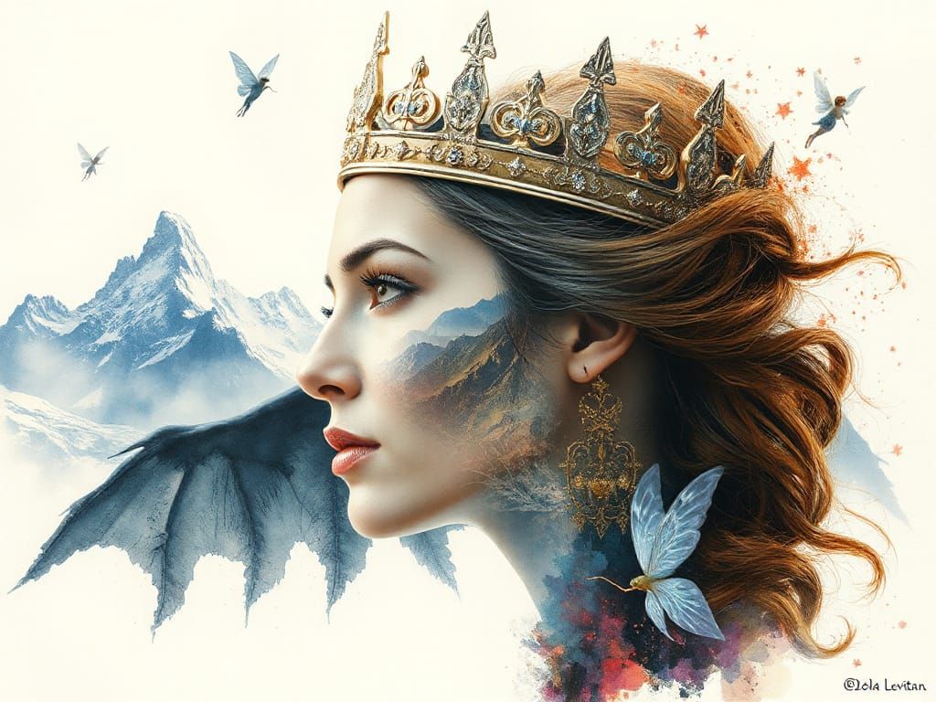 Regal Queen with Mountains and Fairies, Watercolor Style