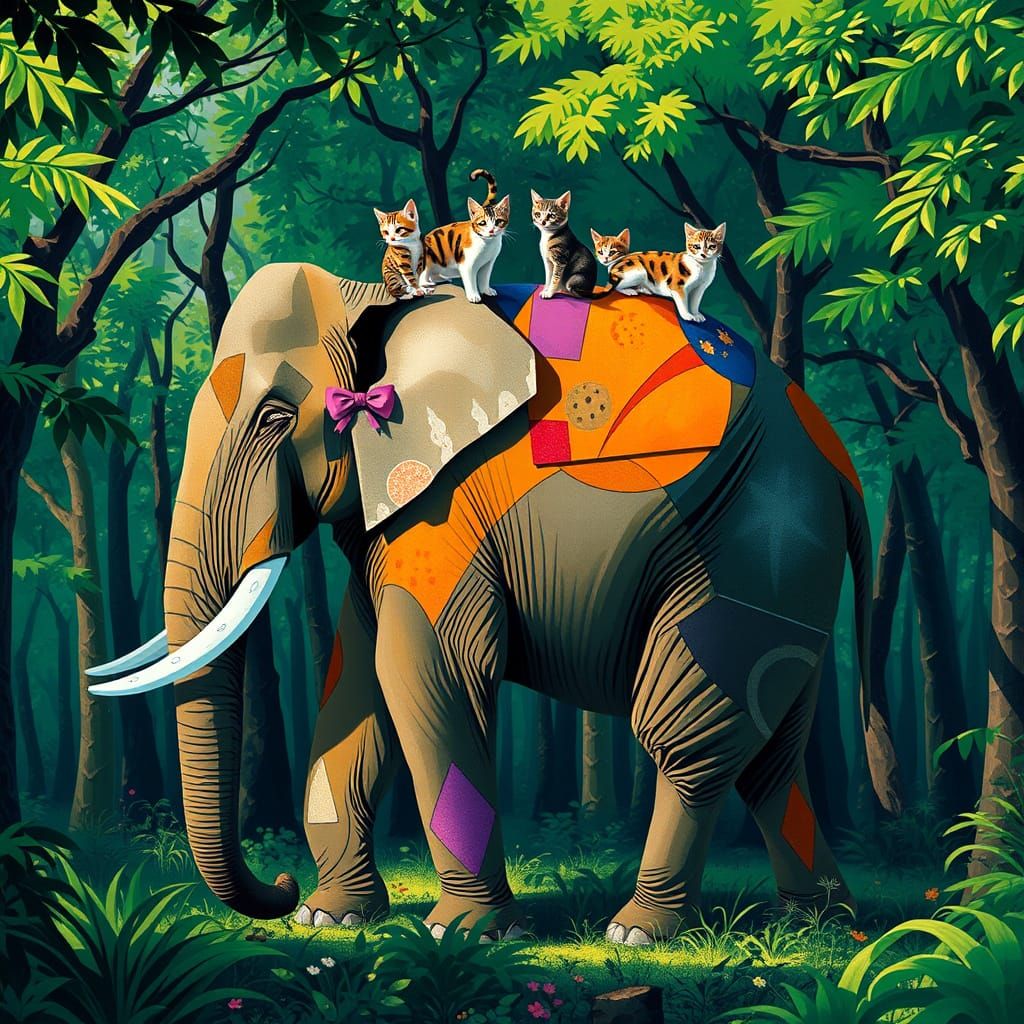Colossal Elephant with Kittens in Forest, Cubist Style