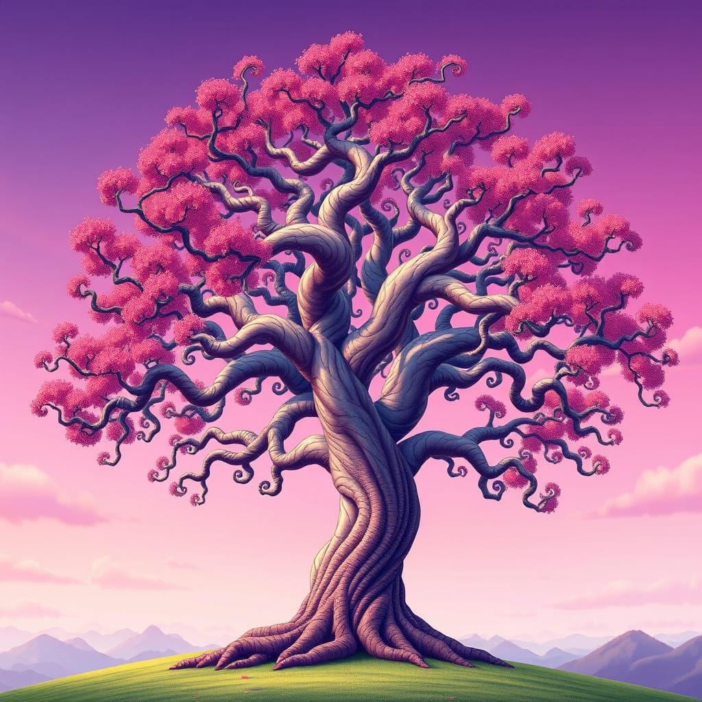 Fractal Tree in Vibrant Colors, Inspired by Escher and Miyaz...