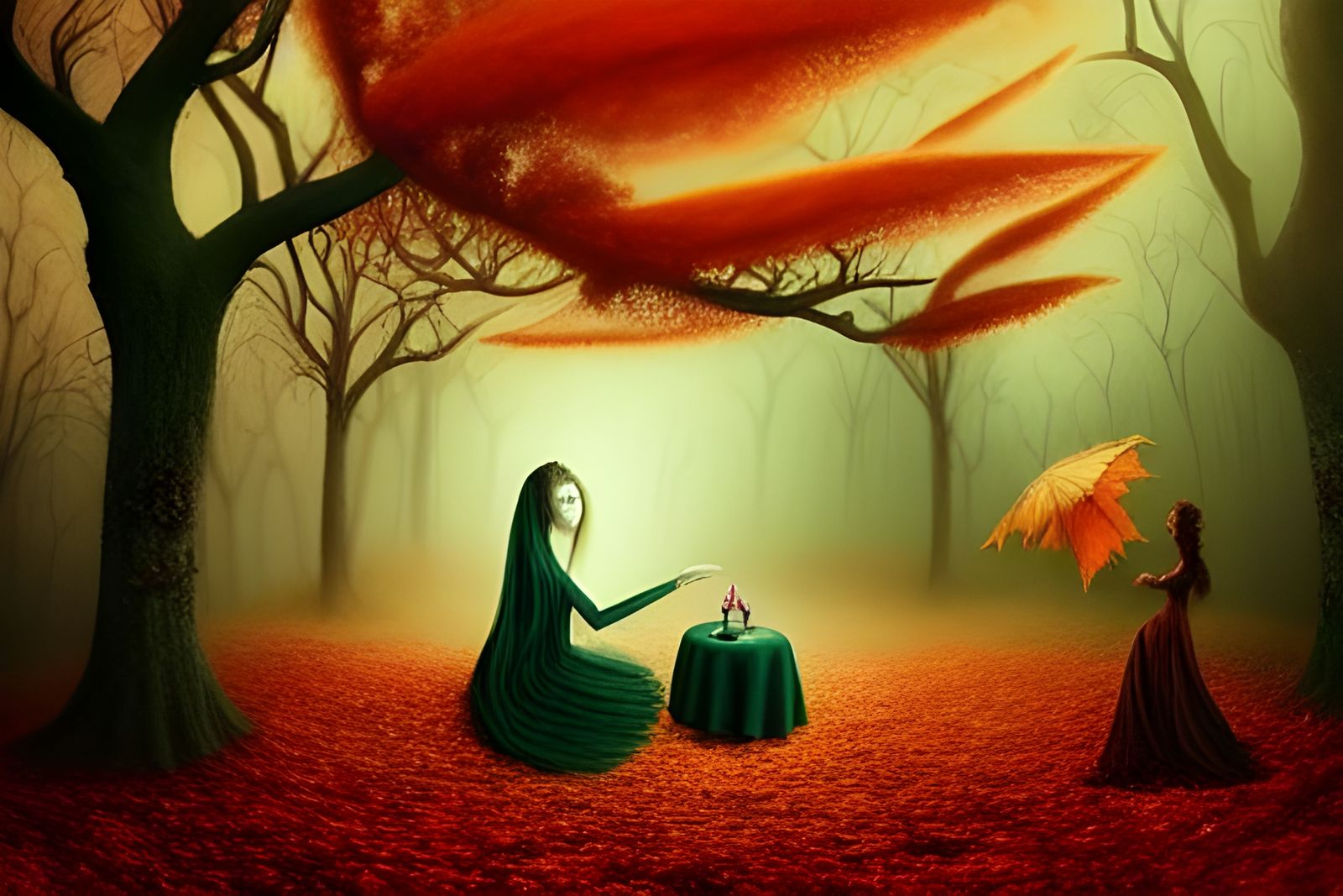Surreal Autumn Afternoon Tea in Fantasy Forest
