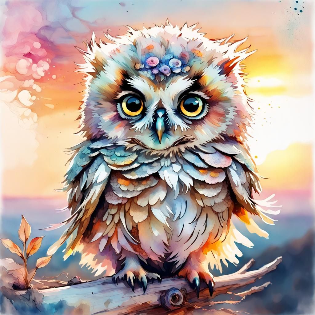 Cute Chibi Owl in Watercolor Sunset Landscape