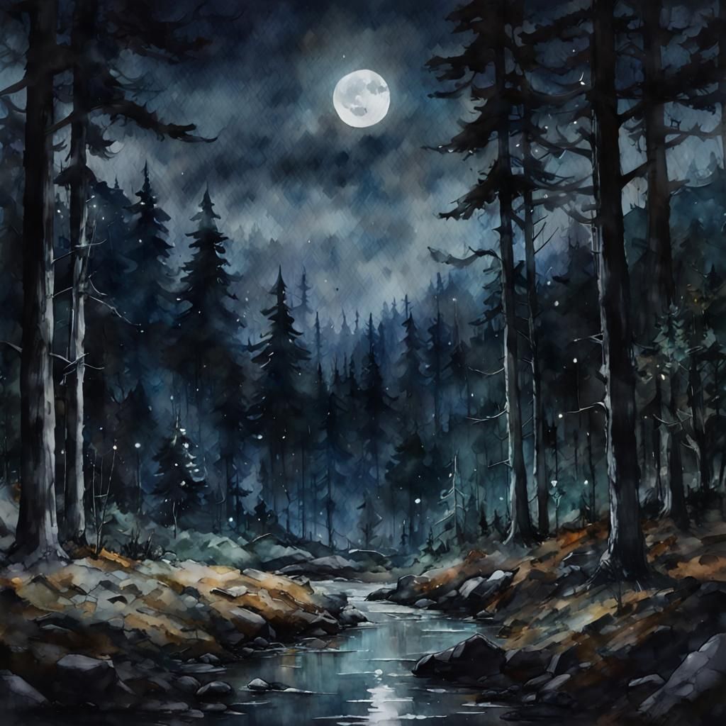 Dark Watercolor Forest Landscape at Night