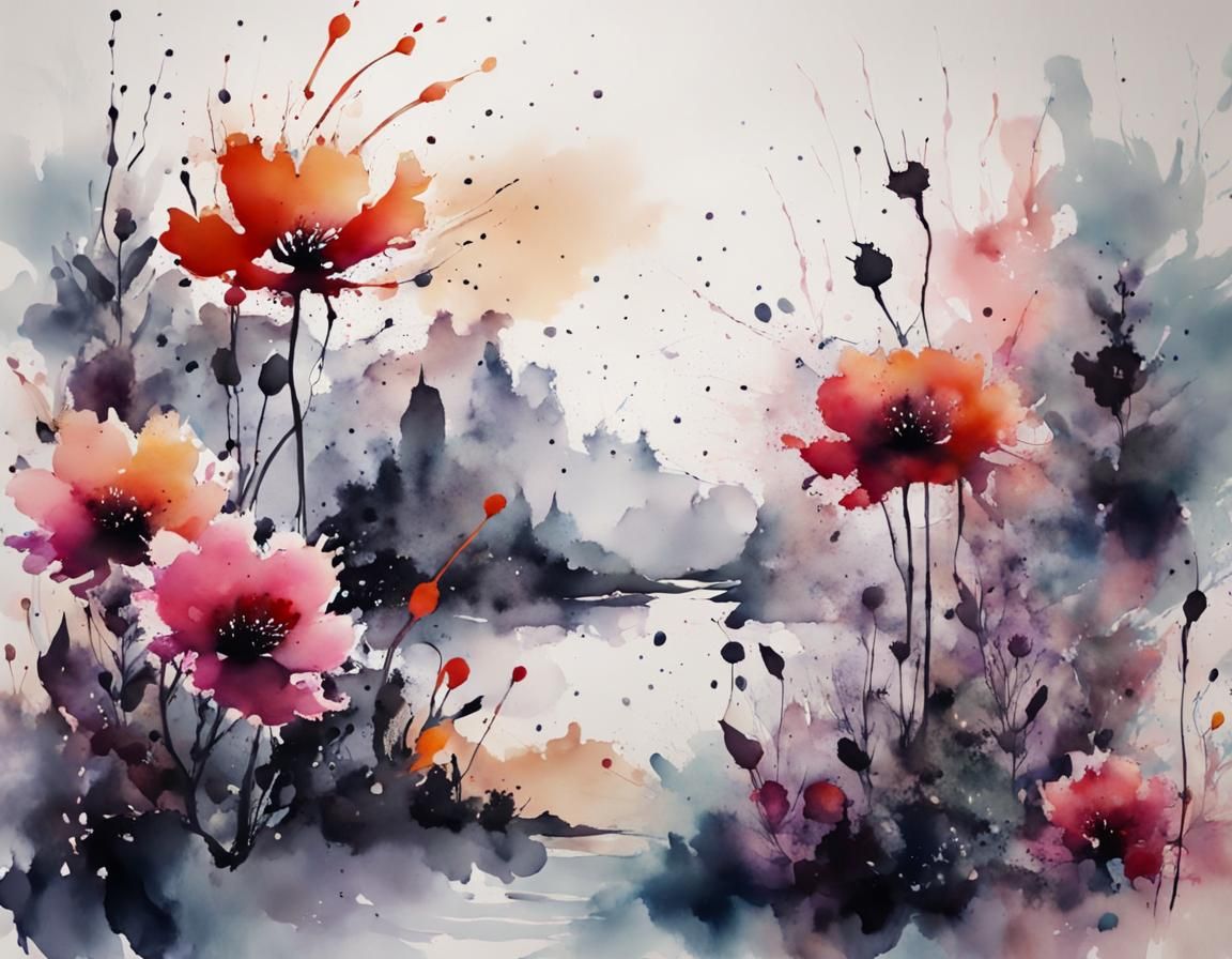 Serene Ink Landscape with Floral Patterns