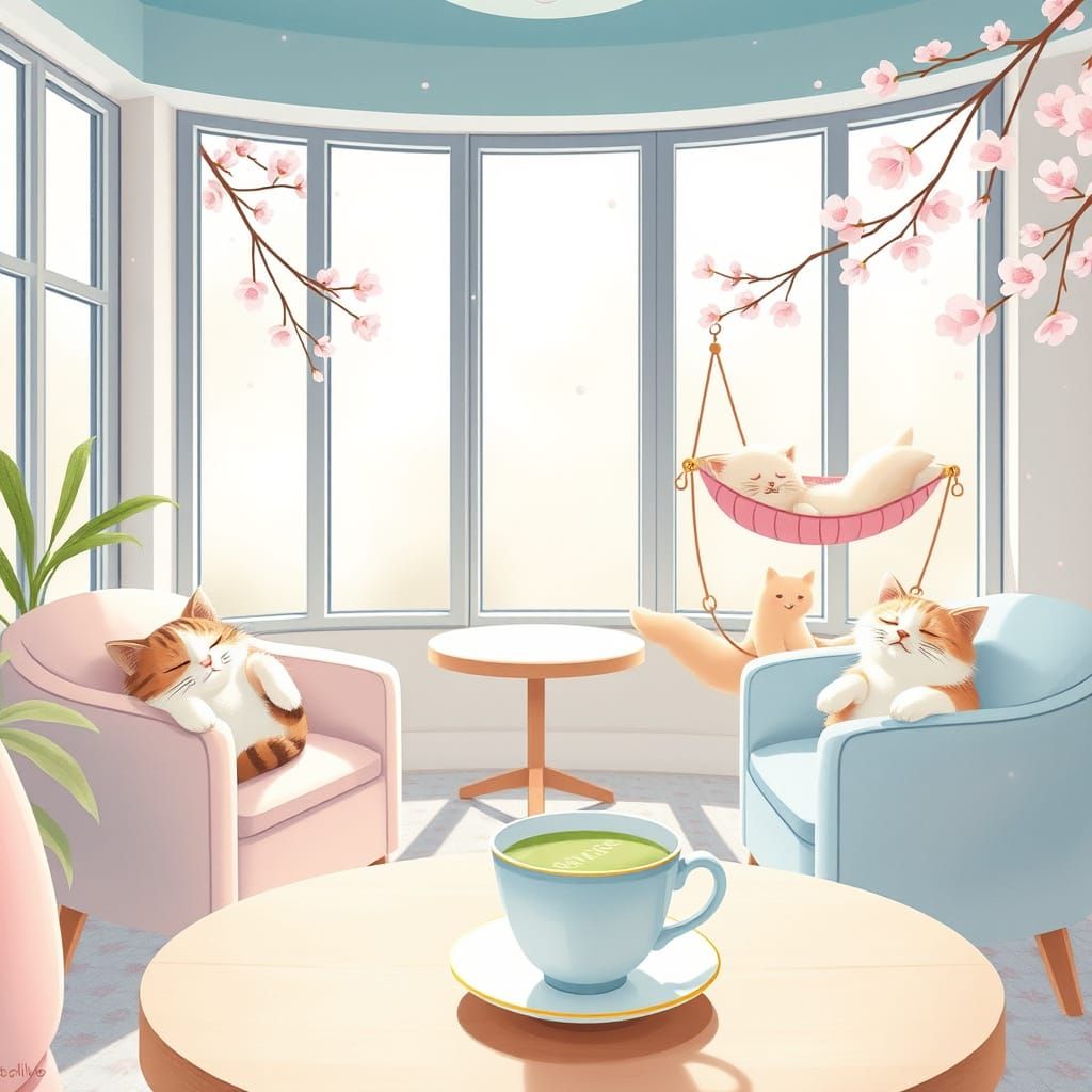 Whimsical Cat Café in Soft Pastel Hues
