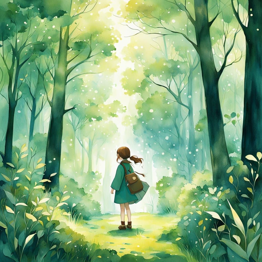 Whimsical Forest Scene in Watercolor-Inspired Style