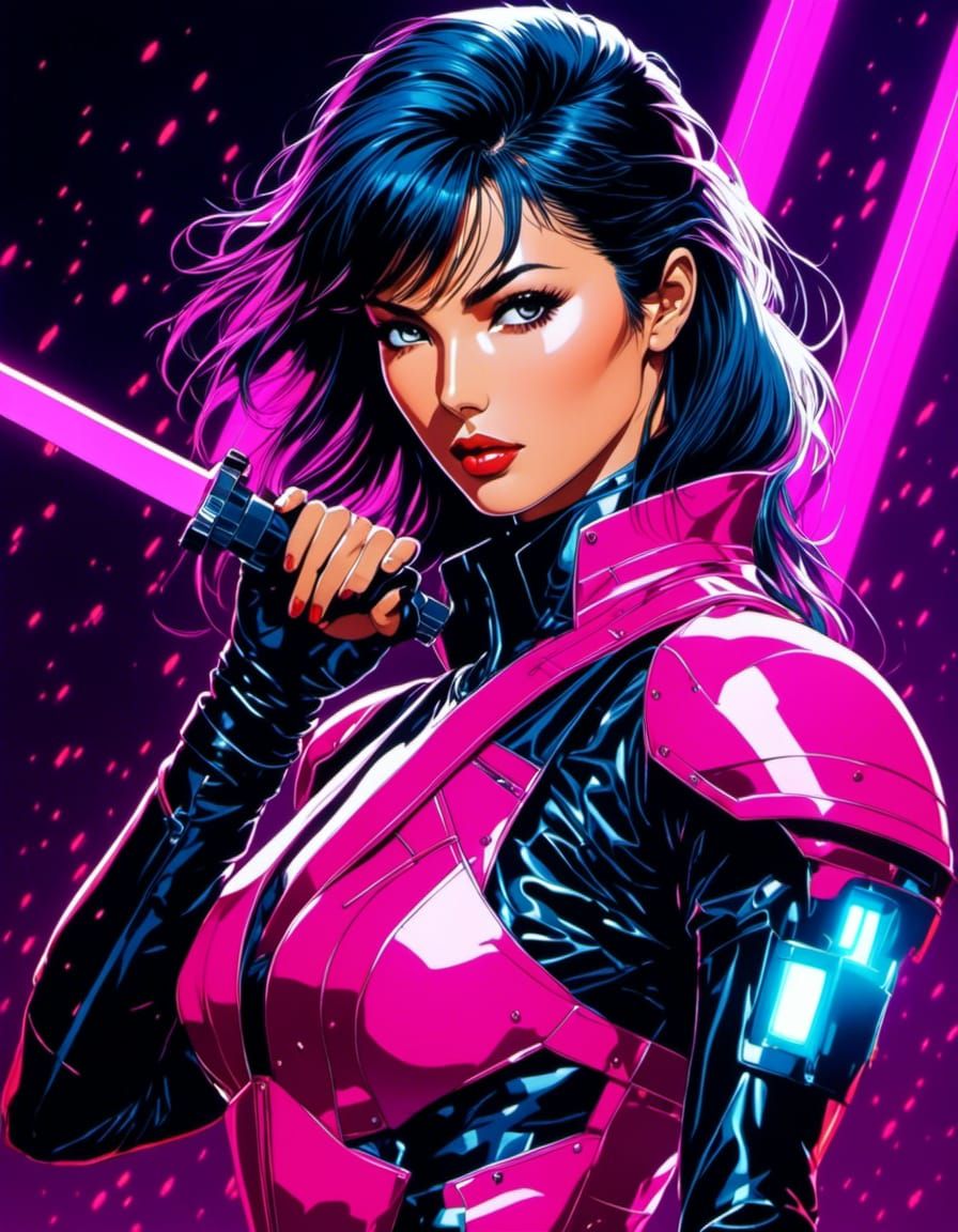 Cyberpunk Ninja in Neon Armor, 80s Anime Style