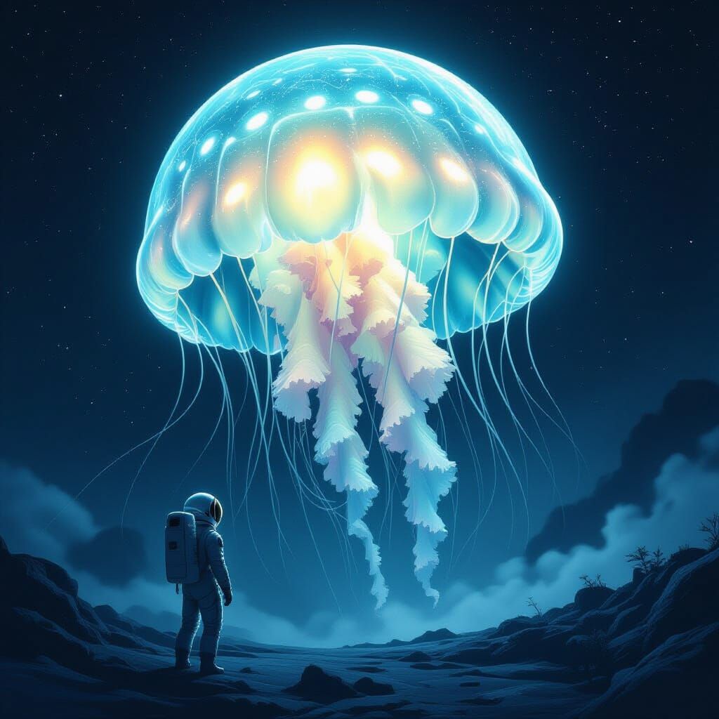 Astronaut Encounters Giant Bioluminescent Space Jellyfish