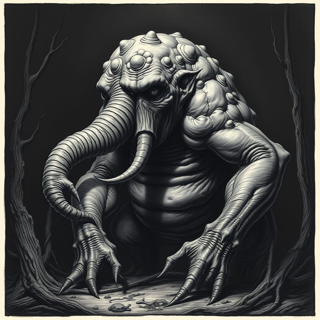 Twisted, Grotesque Beast Emerges from Darkness in Gothic Sty...