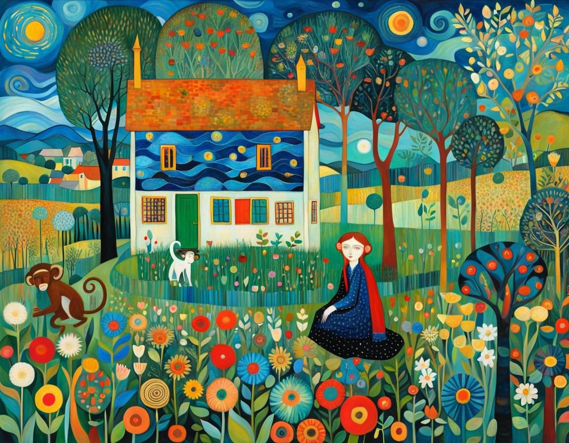 A Woman Surrounded by Monkeys in a Vibrant Garden