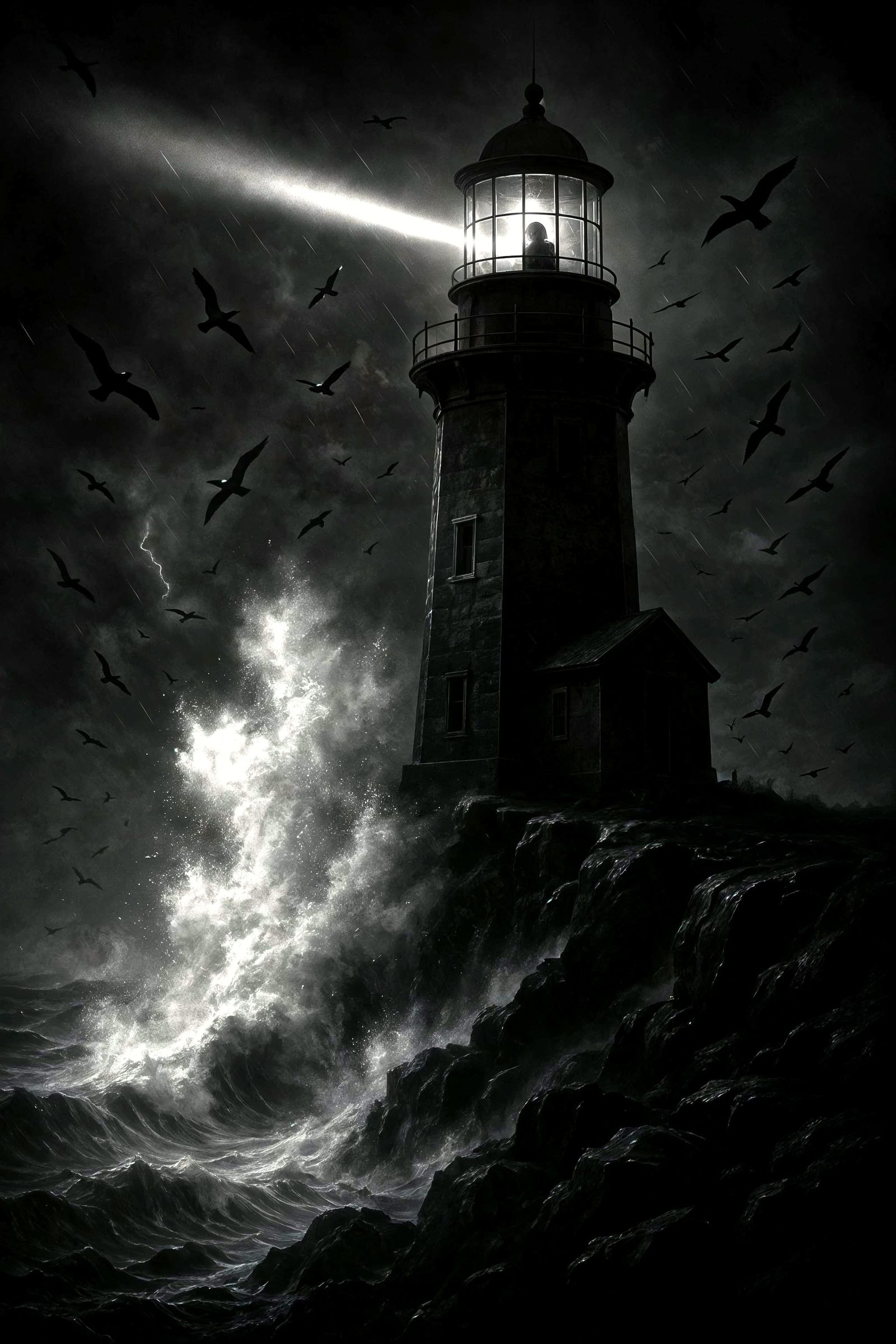 Haunted Lighthouse on Stormy Cliff in Noir Style