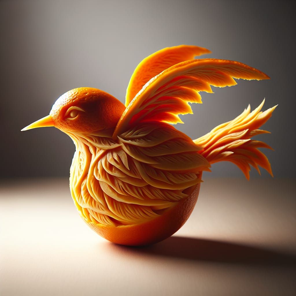 Orange Bird Fruit Carving: Close-Up Food Photography