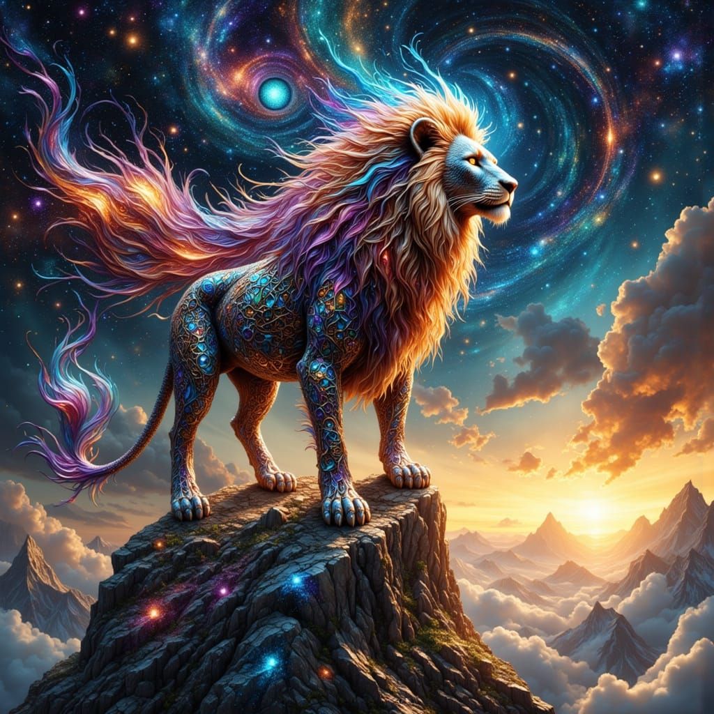 Stardust Lion on Crystal Peak in Epic Fantasy Style